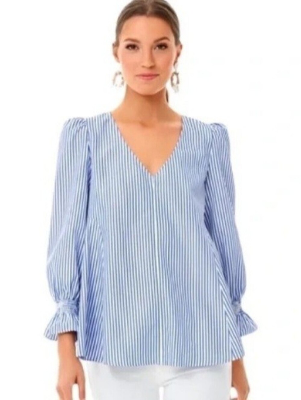 Tuckernuck Blue and White Easton Blouse Long Puff Sleeve Size Small